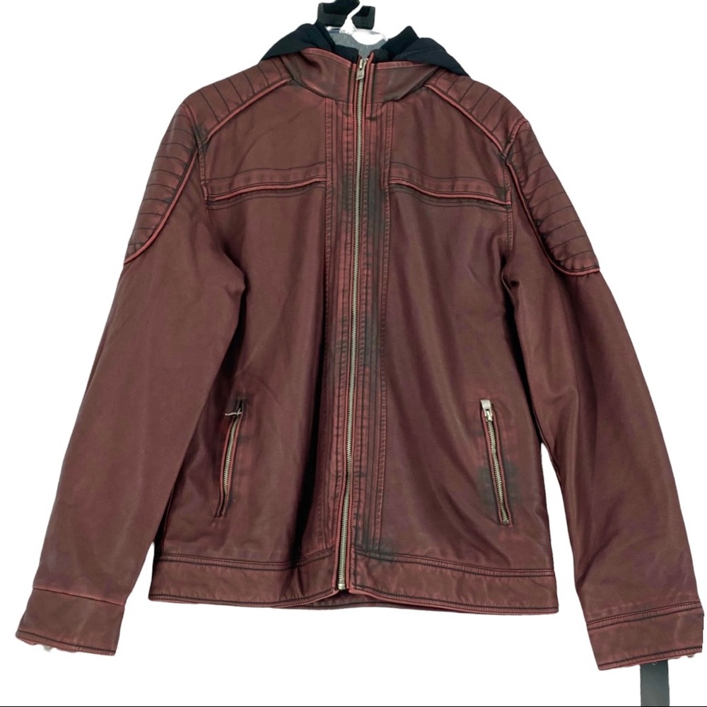 X-Ray Men’s Faux Leather Moto Jacket w/Removable Hood Burgundy Size XXL